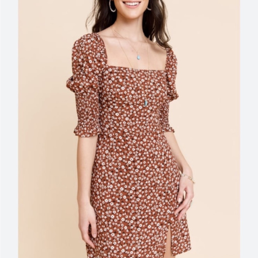Square Neck Smocked Waist Floral Midi Dress - Rust